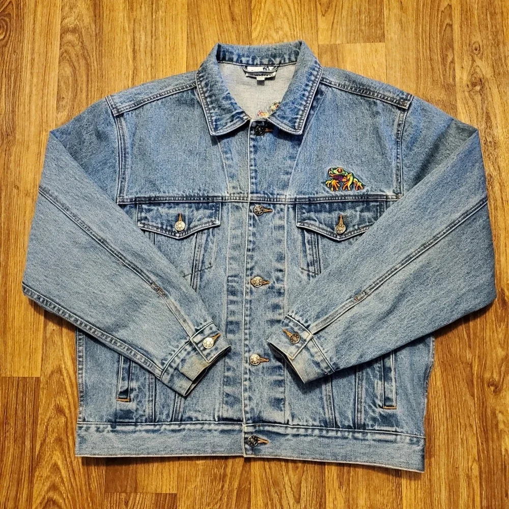 Vintage Denim Jacket Women Medium Blue Jean Frog Embroidered‎ Natural Wonders - Picture 2 of 7